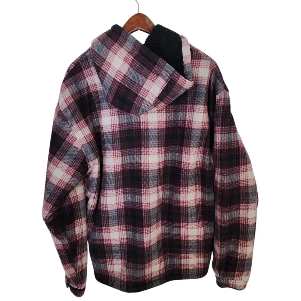 Leehanton Plaid Hooded Flannel Jacket Zip Up Sherpa Lined Red Black Men's 2XL